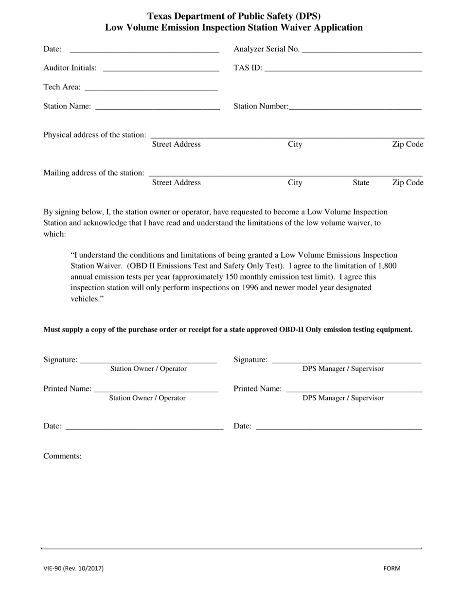 Form VIE-90 Low Volume Emission Inspection Station Waiver Application - Texas, Page 1