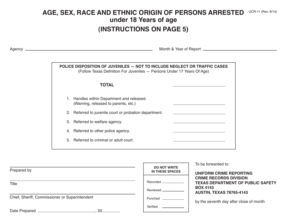 Form UCR-11 Age, Sex, Race and Ethnic Origin of Persons Arrested - Under 18 Years of Age - Texas, Page 1
