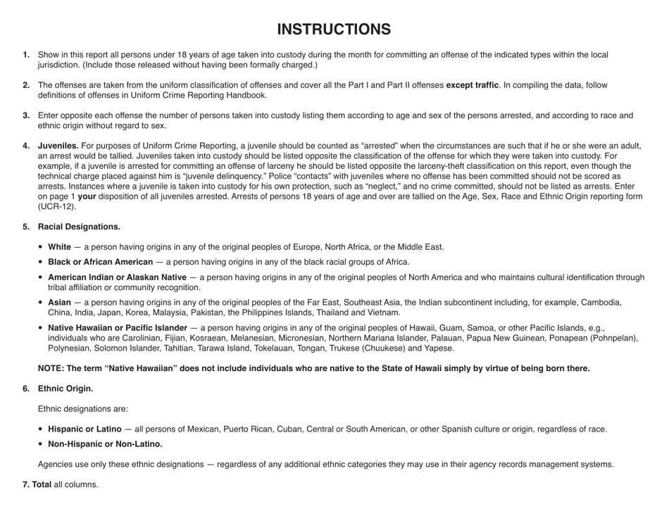 Form UCR-11 Age, Sex, Race and Ethnic Origin of Persons Arrested - Under 18 Years of Age - Texas, Page 5