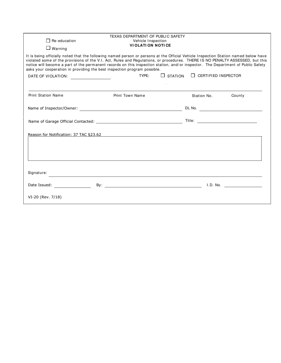 Form VI-20 Violation Notice - Texas, Page 1