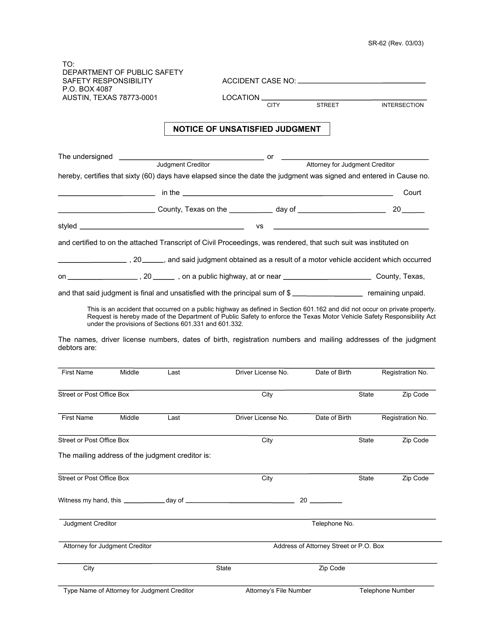 Form SR-62 Notice of Unsatisfied Judgment - Texas