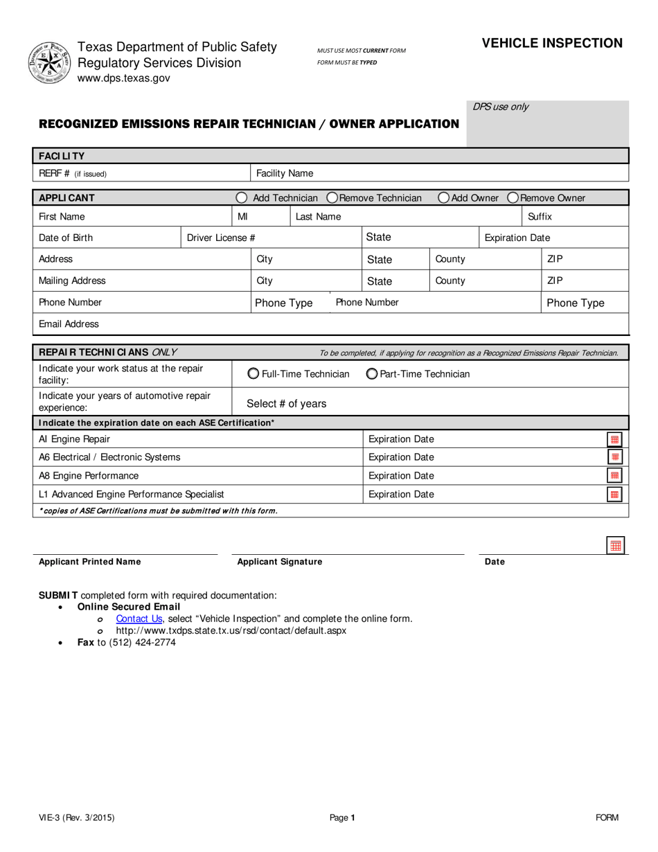 Form VIE-3 Recognized Emissions Repair Technician / Owner Application - Texas, Page 1