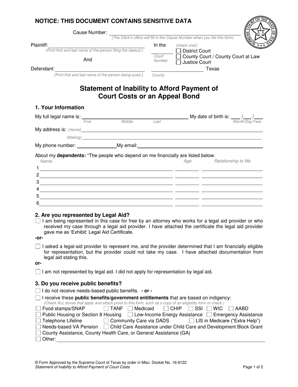 Statement of Inability to Afford Payment of Court Costs or an Appeal Bond - Texas, Page 1