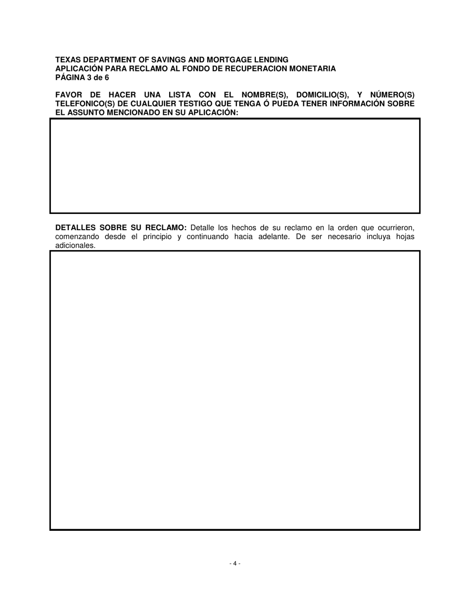 Aplicacion Para Reclamo Al Fondo De Recuperacion Monetaria - Texas (Spanish), Page 4