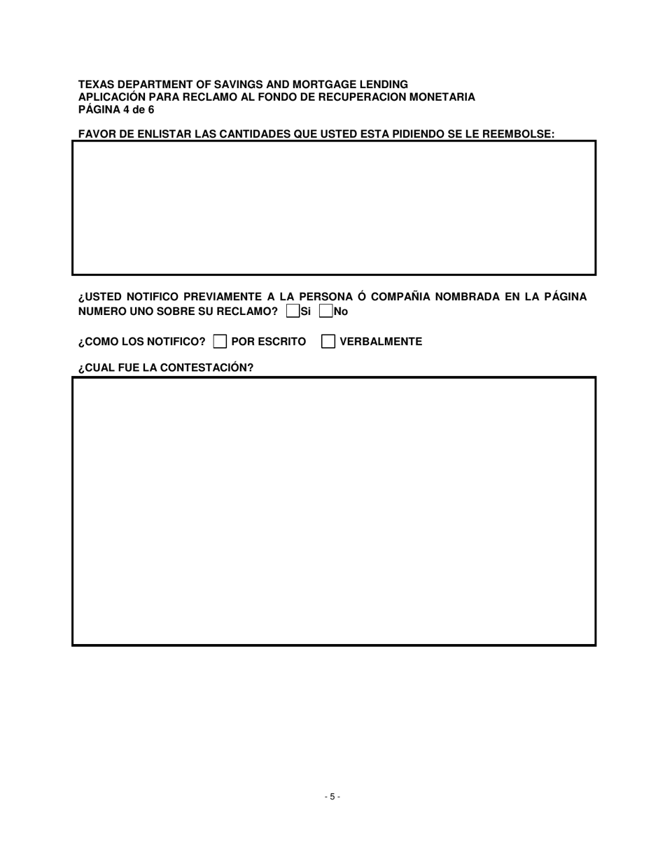 Aplicacion Para Reclamo Al Fondo De Recuperacion Monetaria - Texas (Spanish), Page 5