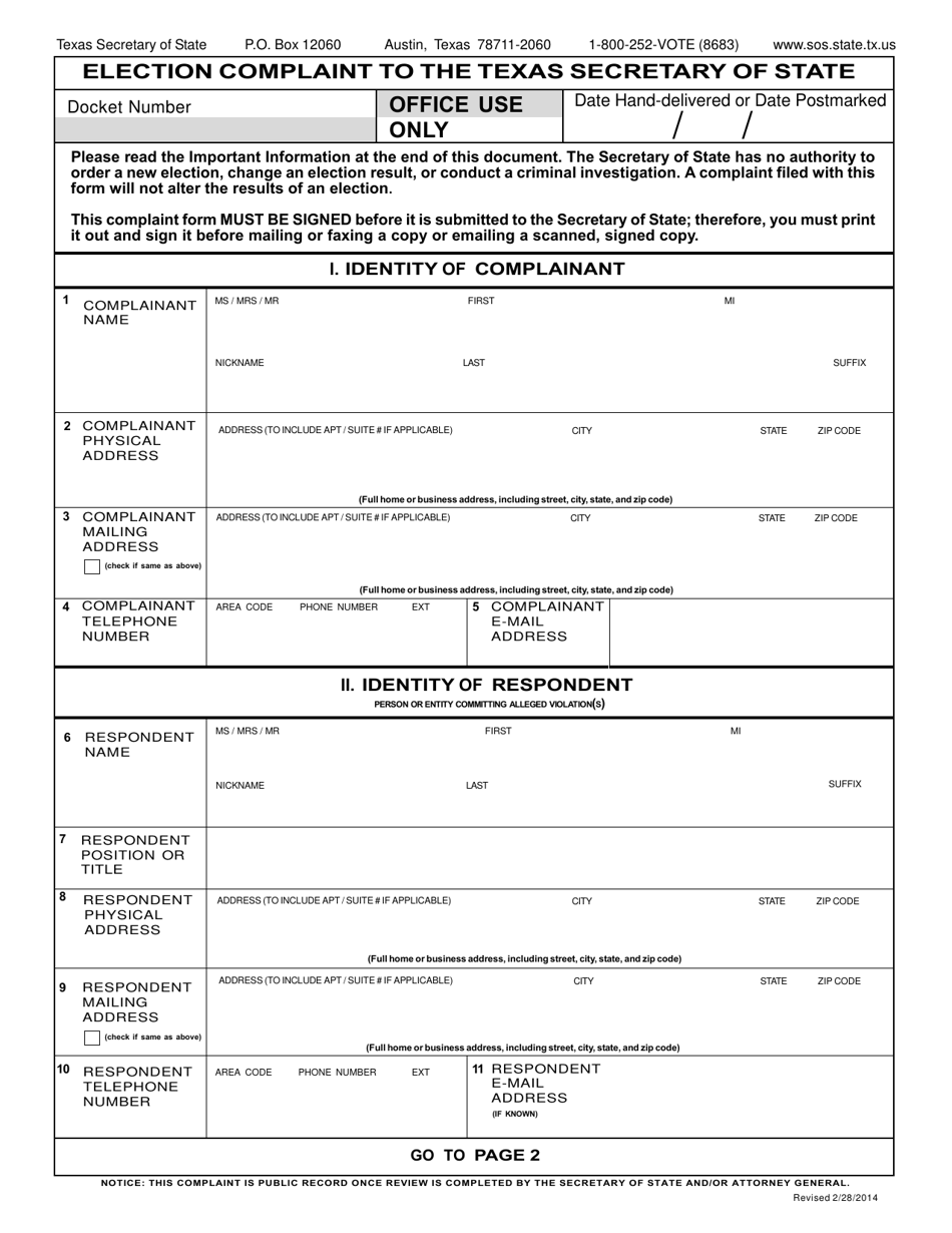 Election Complaint Form - Texas, Page 1