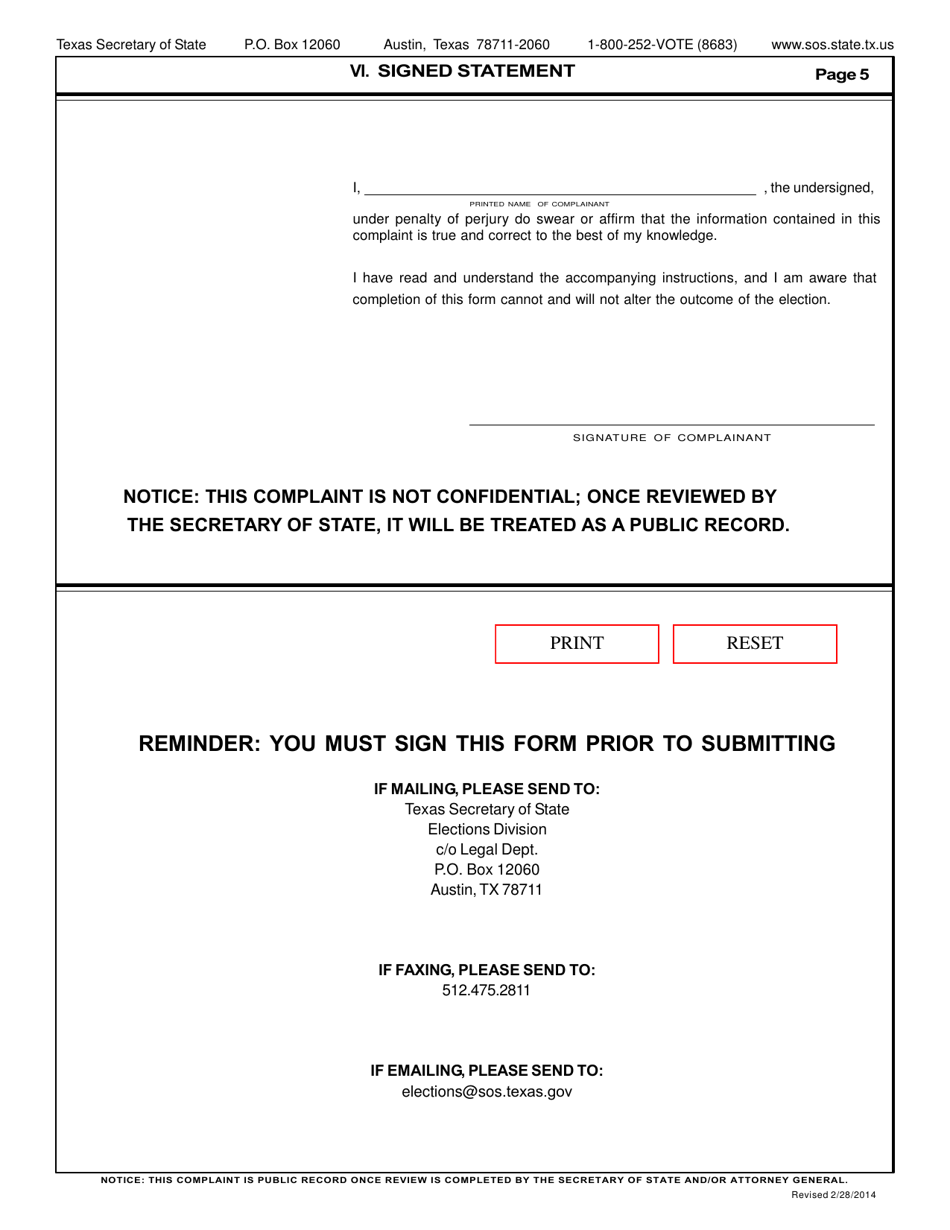 Election Complaint Form - Texas, Page 5