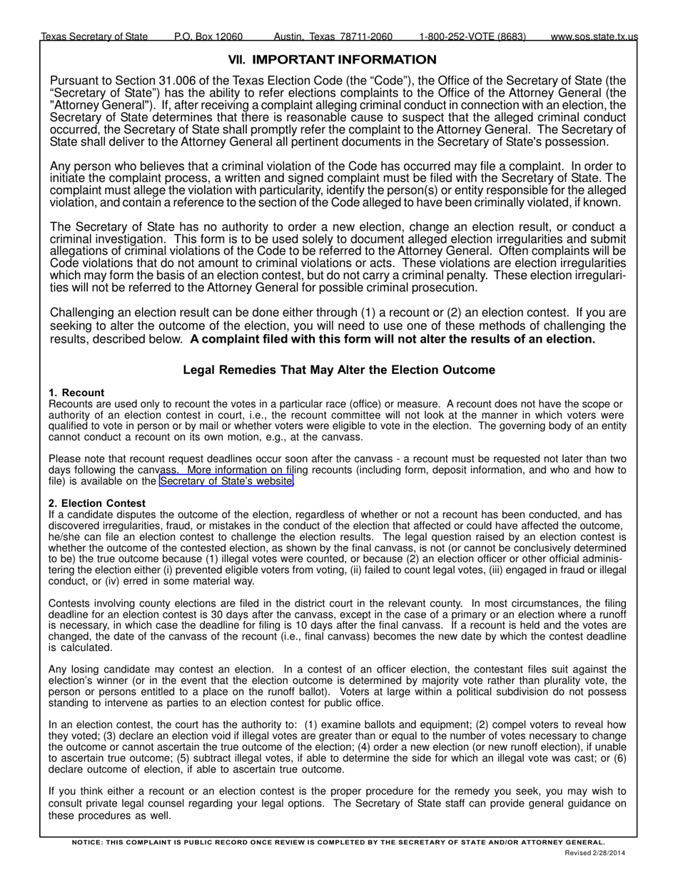 Election Complaint Form - Texas, Page 6
