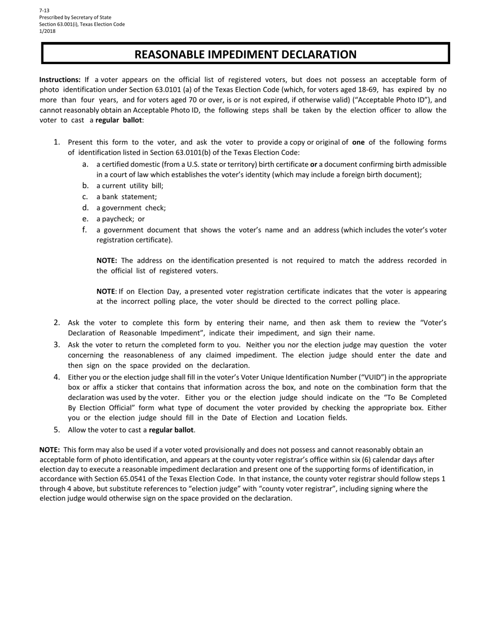 Reasonable Impediment Declaration Form - Texas, Page 1