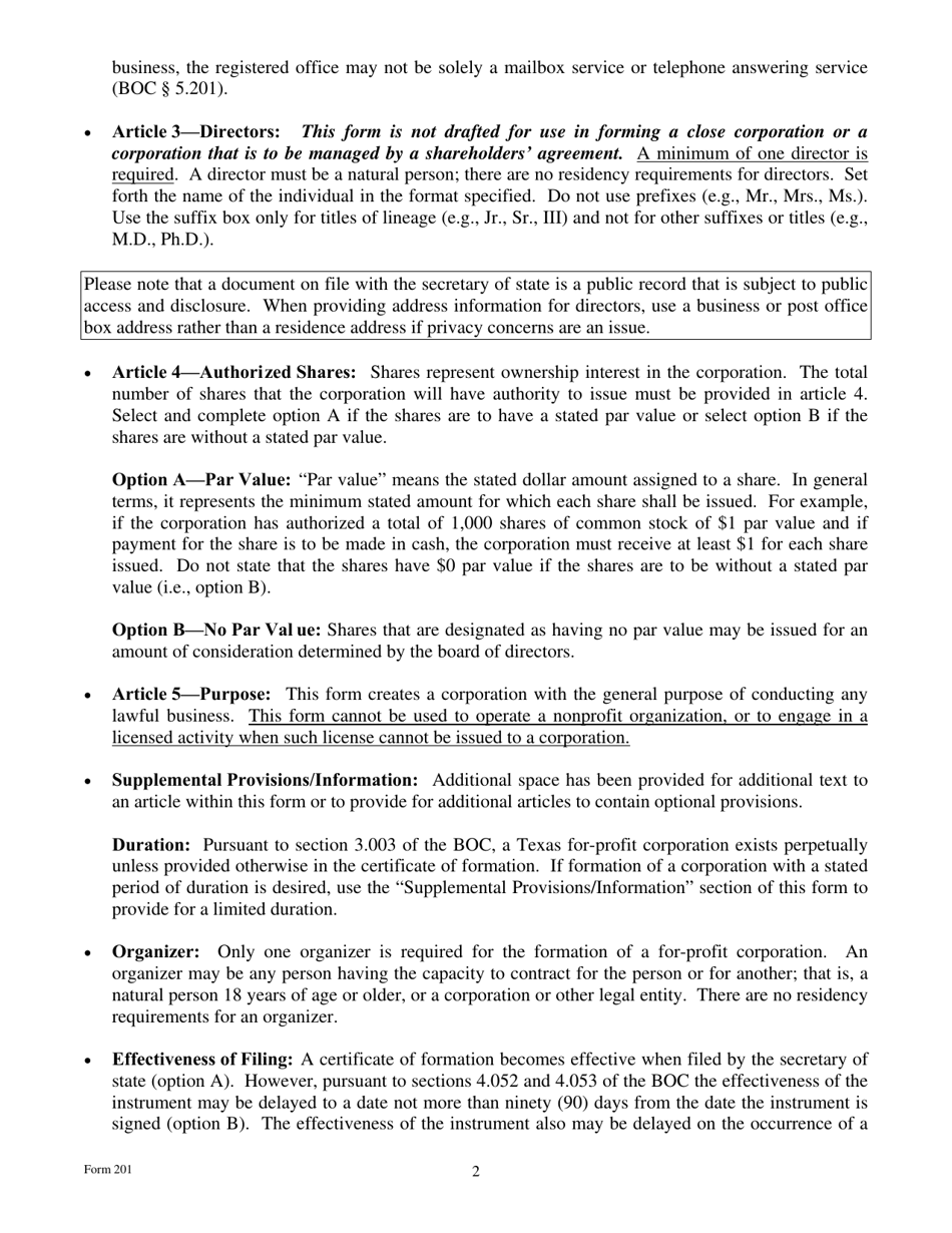 Form 201 Certificate of Formation - for-Profit Corporation - Texas, Page 2