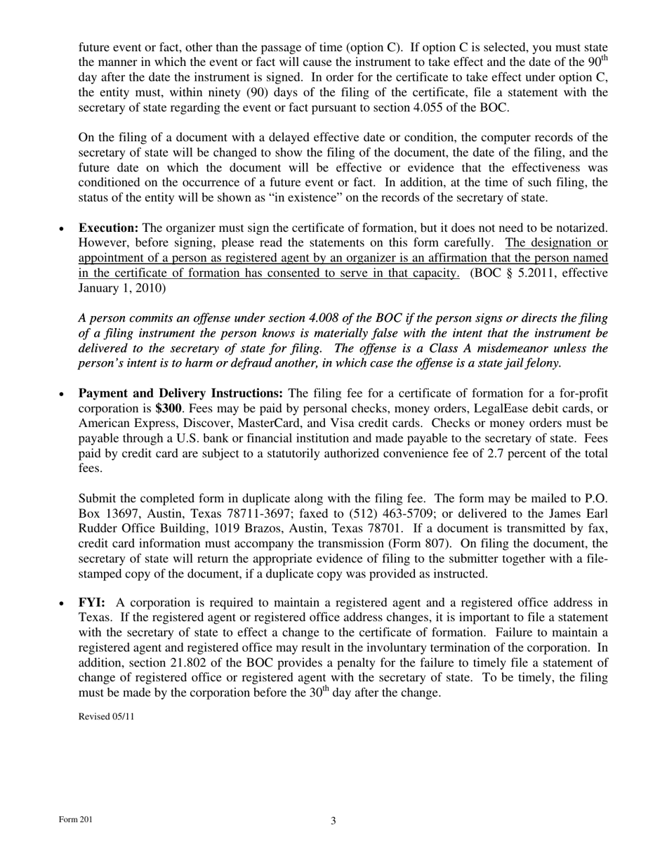 Form 201 Certificate of Formation - for-Profit Corporation - Texas, Page 3