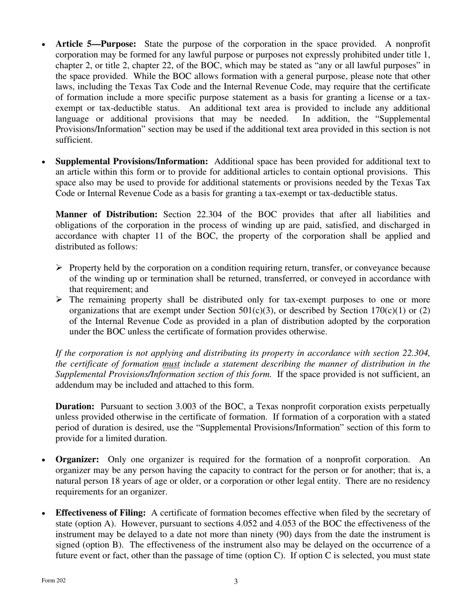 Form 202 Certificate of Formation for a Nonprofit Corporation - Texas, Page 3
