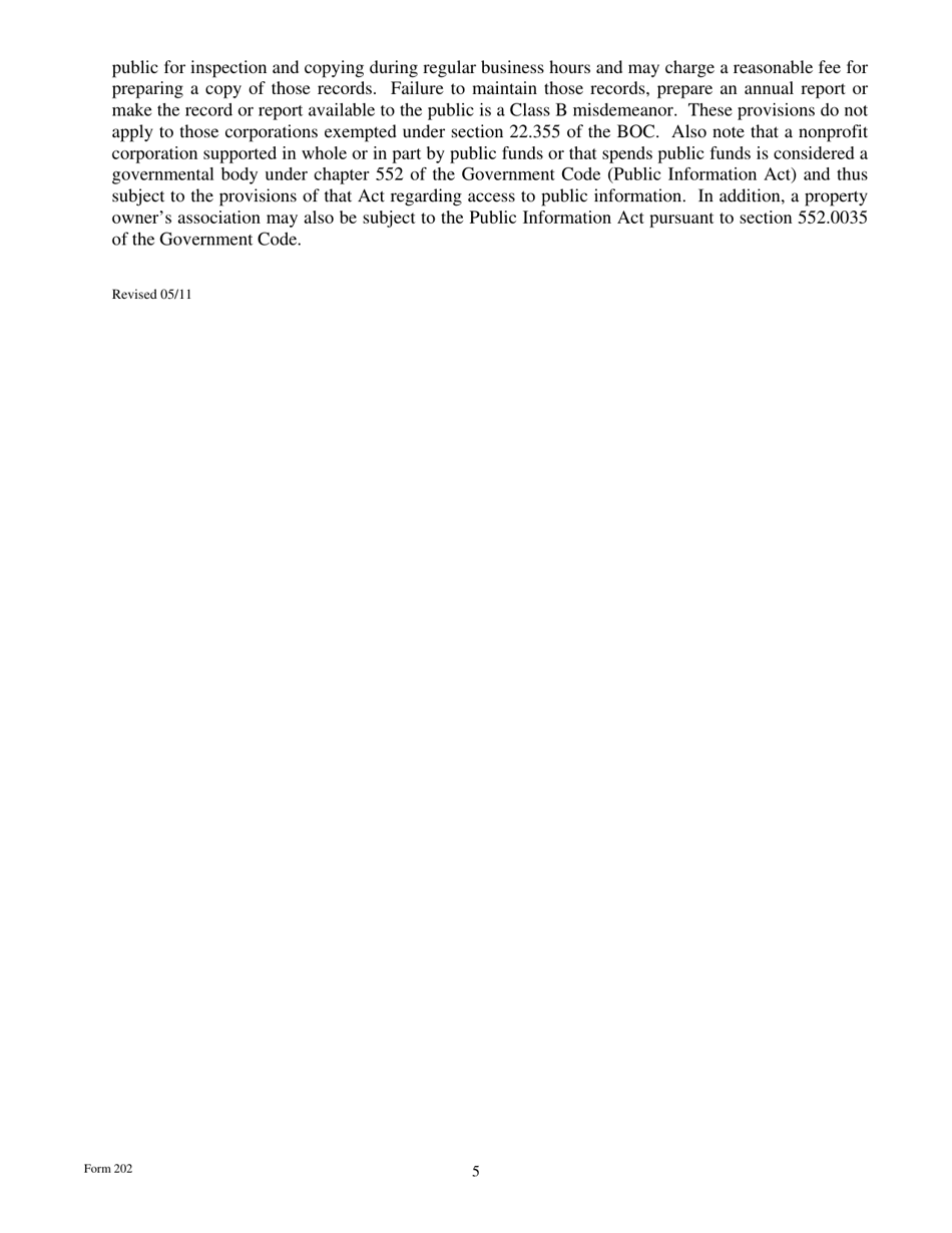 Form 202 Certificate of Formation for a Nonprofit Corporation - Texas, Page 5