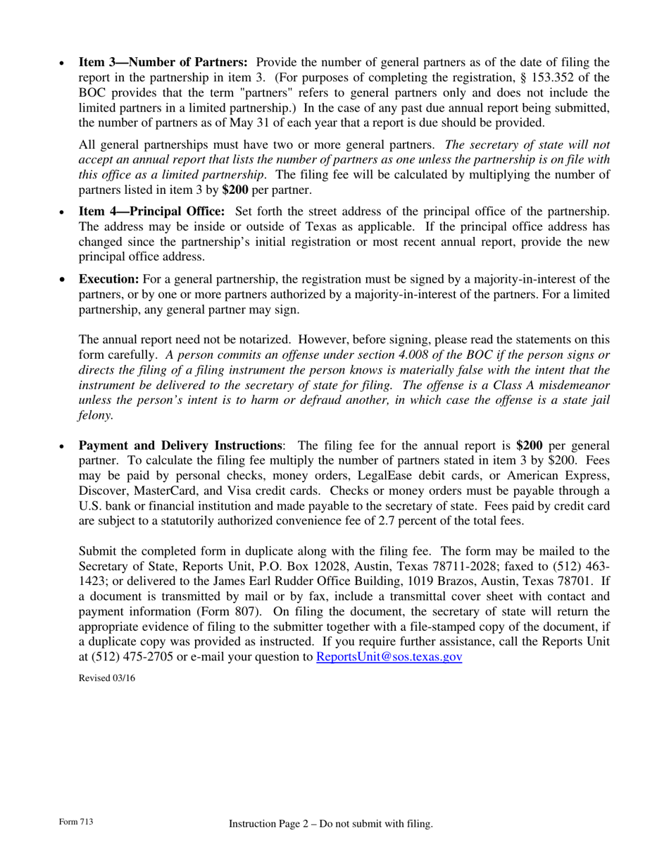 Form 713 Annual Report of a Limited Liability Partnership - Texas, Page 2