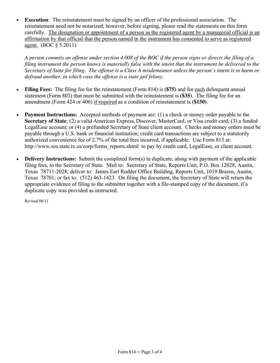 Form 814 Certificate of Reinstatement of a Professional Association After Failure to File Annual Statement - Texas, Page 3
