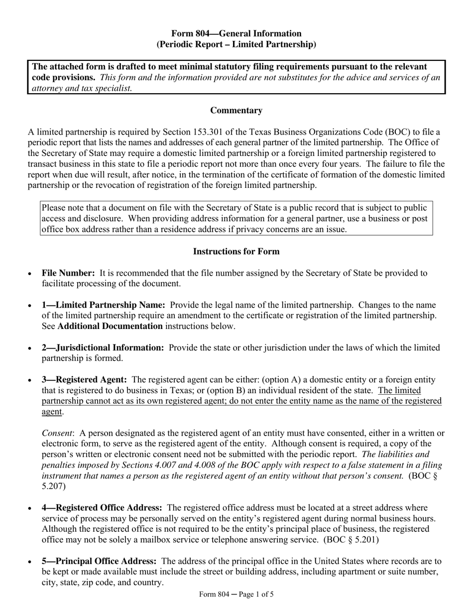 Form 804 Periodic Report of a Limited Partnership - Texas, Page 1