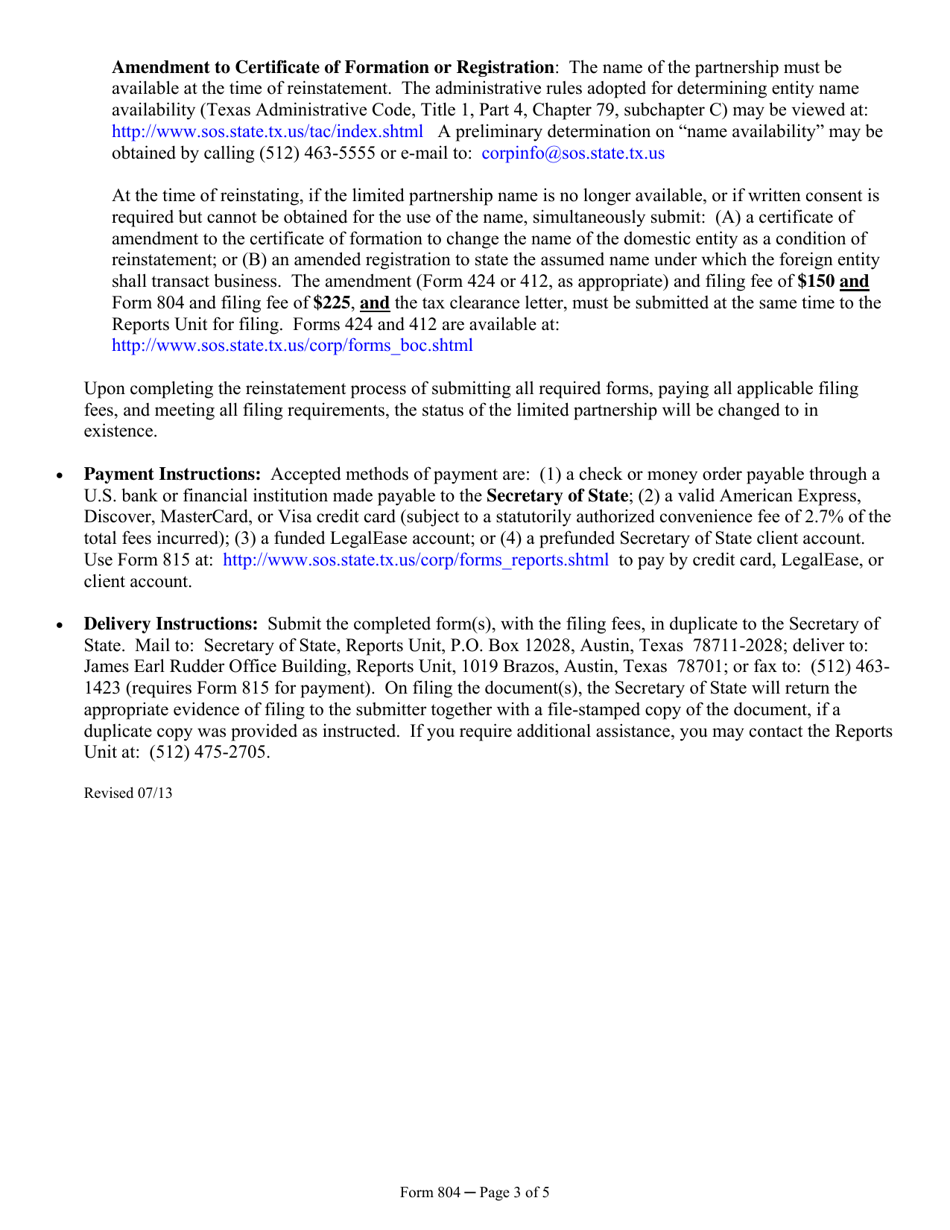 Form 804 Periodic Report of a Limited Partnership - Texas, Page 3