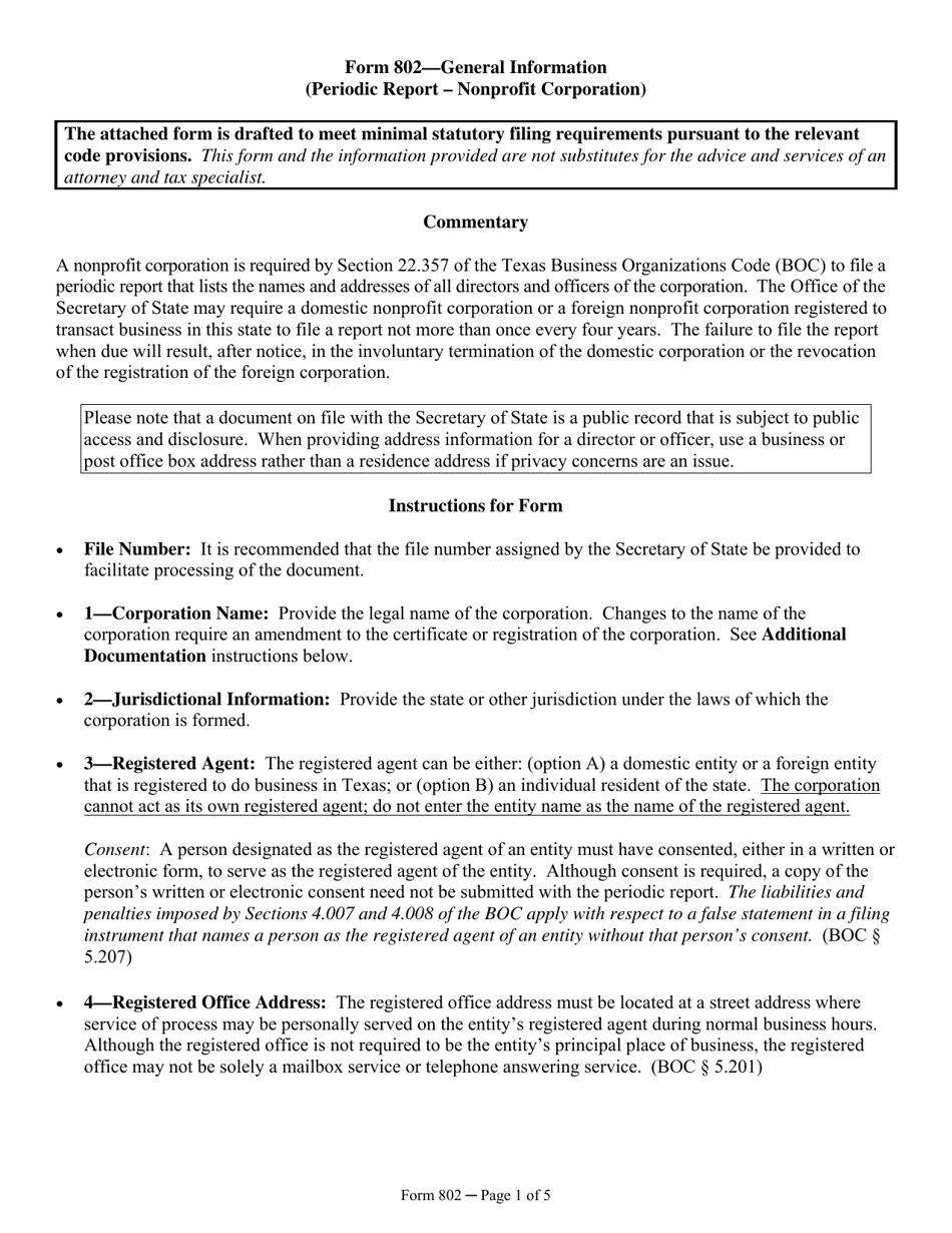 Form 802 Periodic Report of a Nonprofit Corporation - Texas, Page 1
