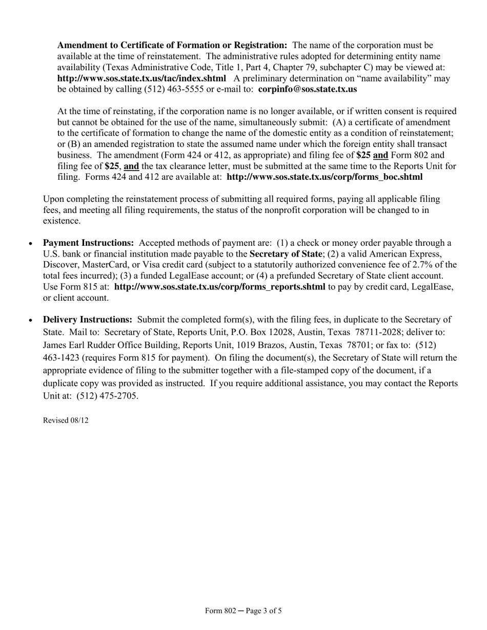 Form 802 Periodic Report of a Nonprofit Corporation - Texas, Page 3
