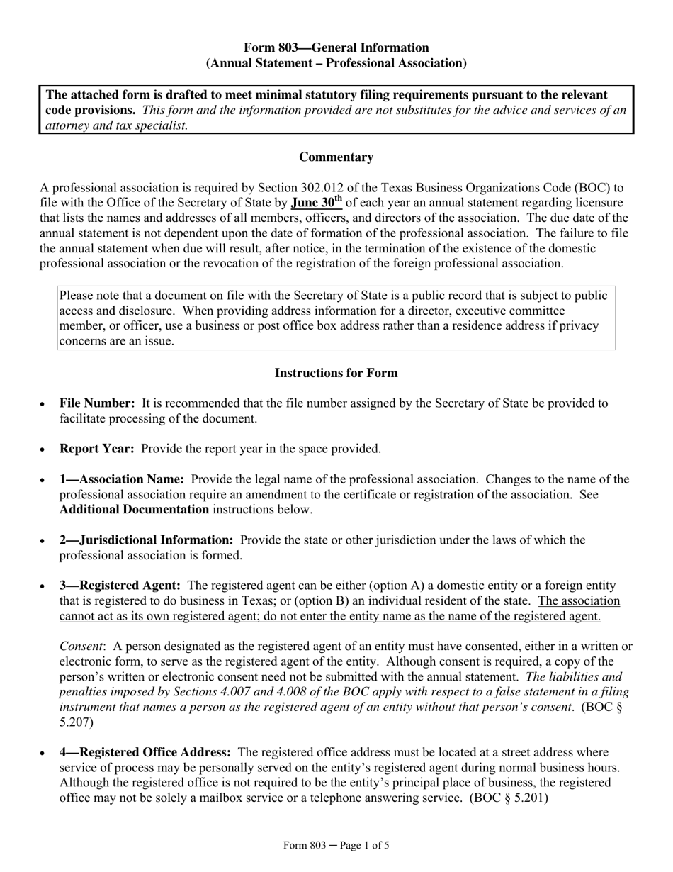 Form 803 Annual Statement of a Professional Association - Texas, Page 1