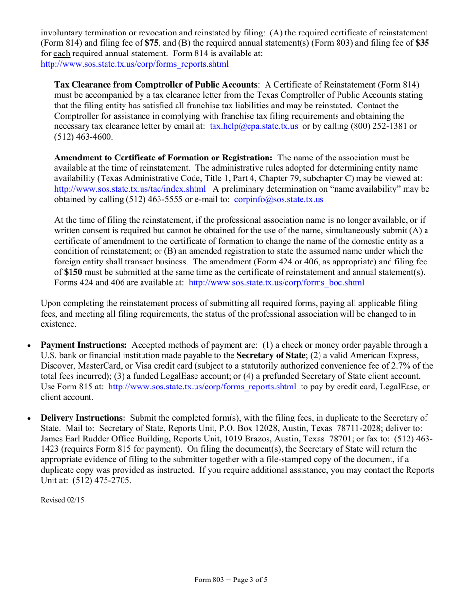 Form 803 Annual Statement of a Professional Association - Texas, Page 3
