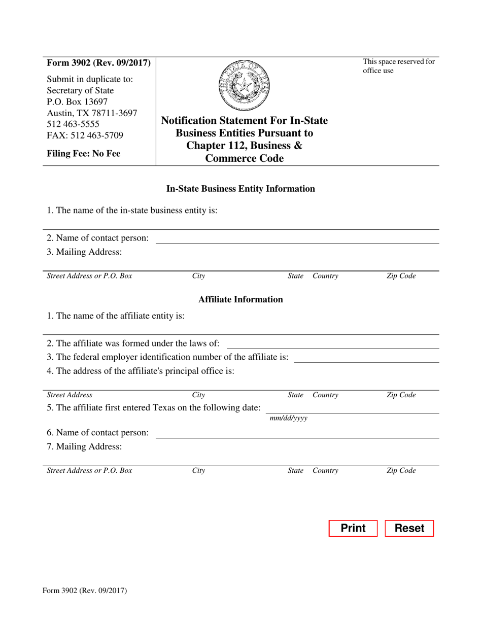 Form 3902 Notification Statement for in-State Business Entities Pursuant to Chapter 112, Business  Commerce Code - Texas, Page 1
