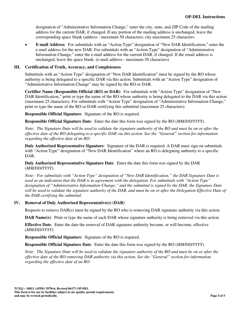 Form OP-DEL (TCEQ-10011) Delegation of Responsible Official Information - Texas, Page 4