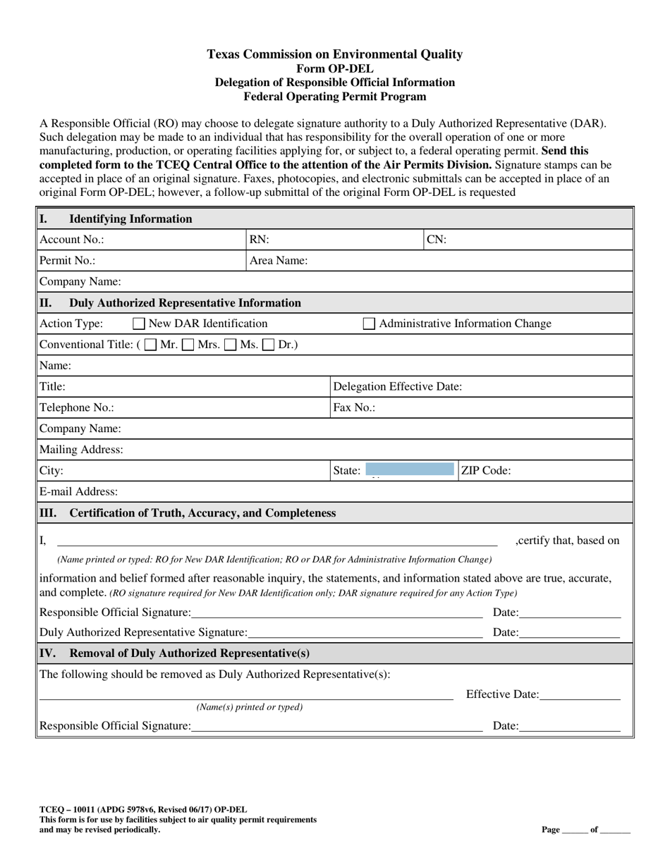 Form OP-DEL (TCEQ-10011) Delegation of Responsible Official Information - Texas, Page 6