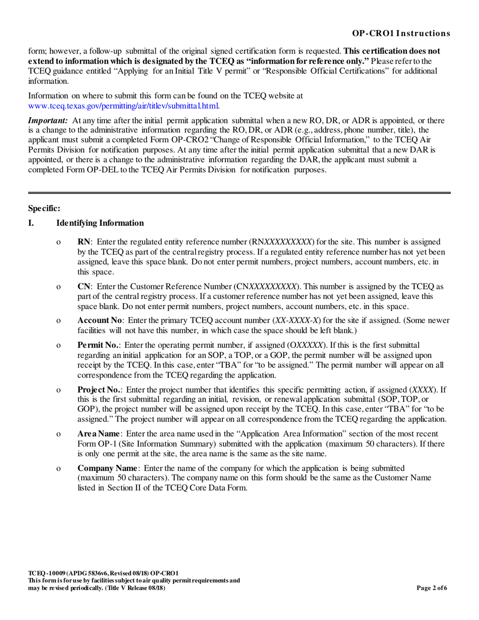 Form OP-CRO1 (TCEQ-10009) Certification by Responsible Official - Texas, Page 2