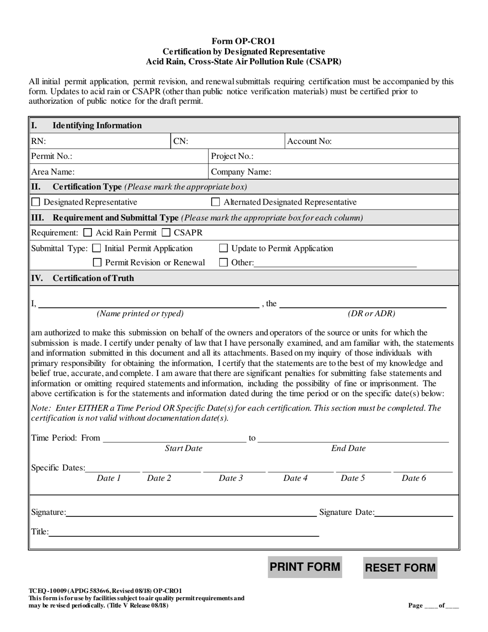 Form OP-CRO1 (TCEQ-10009) Certification by Responsible Official - Texas, Page 8