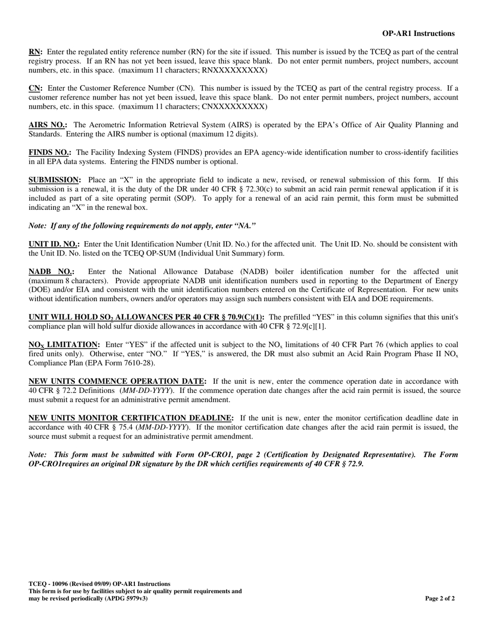 Form OP-AR1 (TCEQ-10096) Acid Rain Permit Application - Texas, Page 2