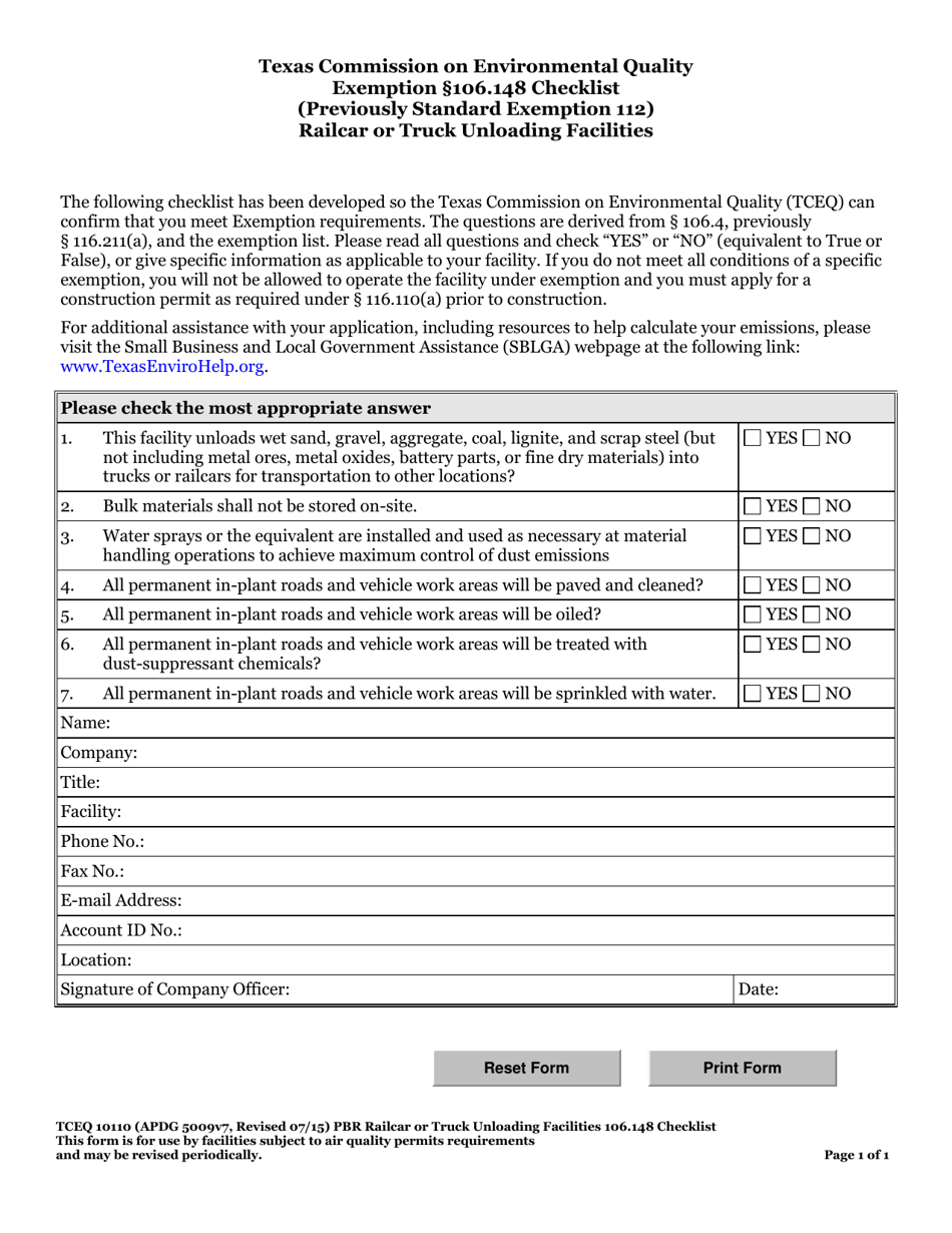 Form TCEQ-10110 Exemption 106.148 Checklist Railcar or Truck Unloading Facilities - Texas, Page 1