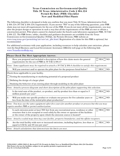 Form TCEQ-10103 Permit by Rule 106.124, Checklist and Table for New and Modified Pilot Plants - Texas