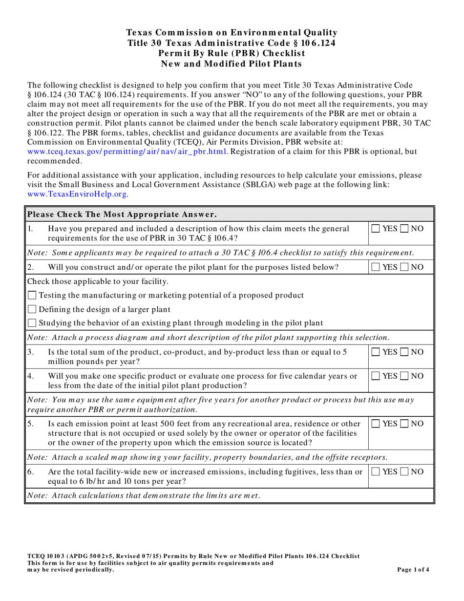 Form TCEQ-10103 Permit by Rule 106.124, Checklist and Table for New and Modified Pilot Plants - Texas, Page 1