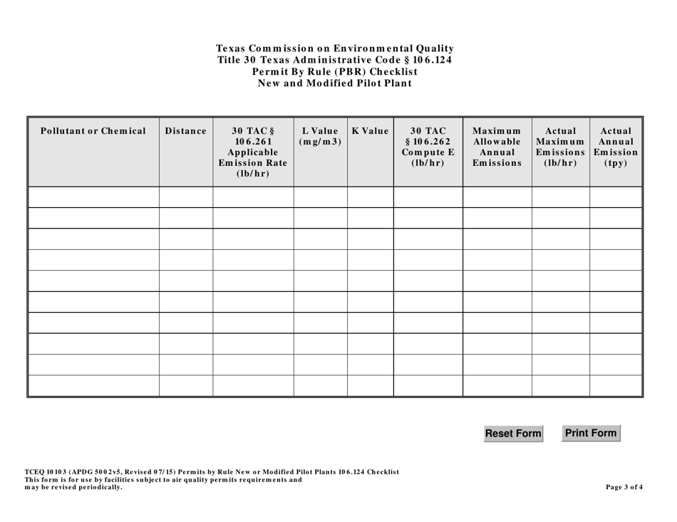 Form TCEQ-10103 Permit by Rule 106.124, Checklist and Table for New and Modified Pilot Plants - Texas, Page 3
