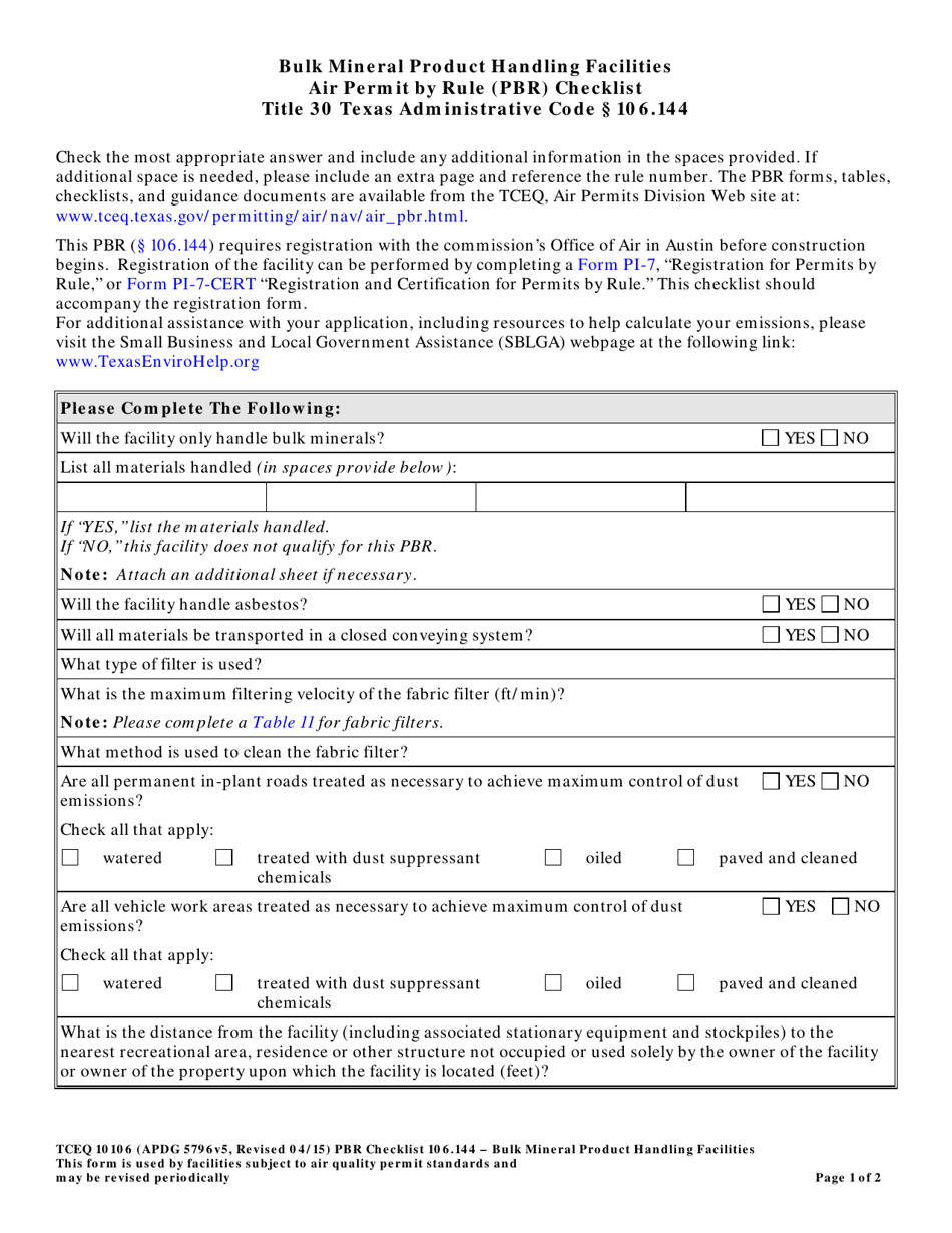 Form TCEQ-10106 Bulk Mineral Product Handling Facilities Air Permit by Rule 106.144 Checklist - Texas, Page 1