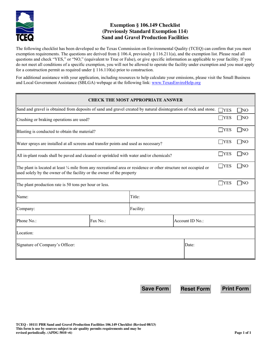Form TCEQ-10111 Exemption 106.149 Checklist Sand and Gravel Production Facilities - Texas, Page 1