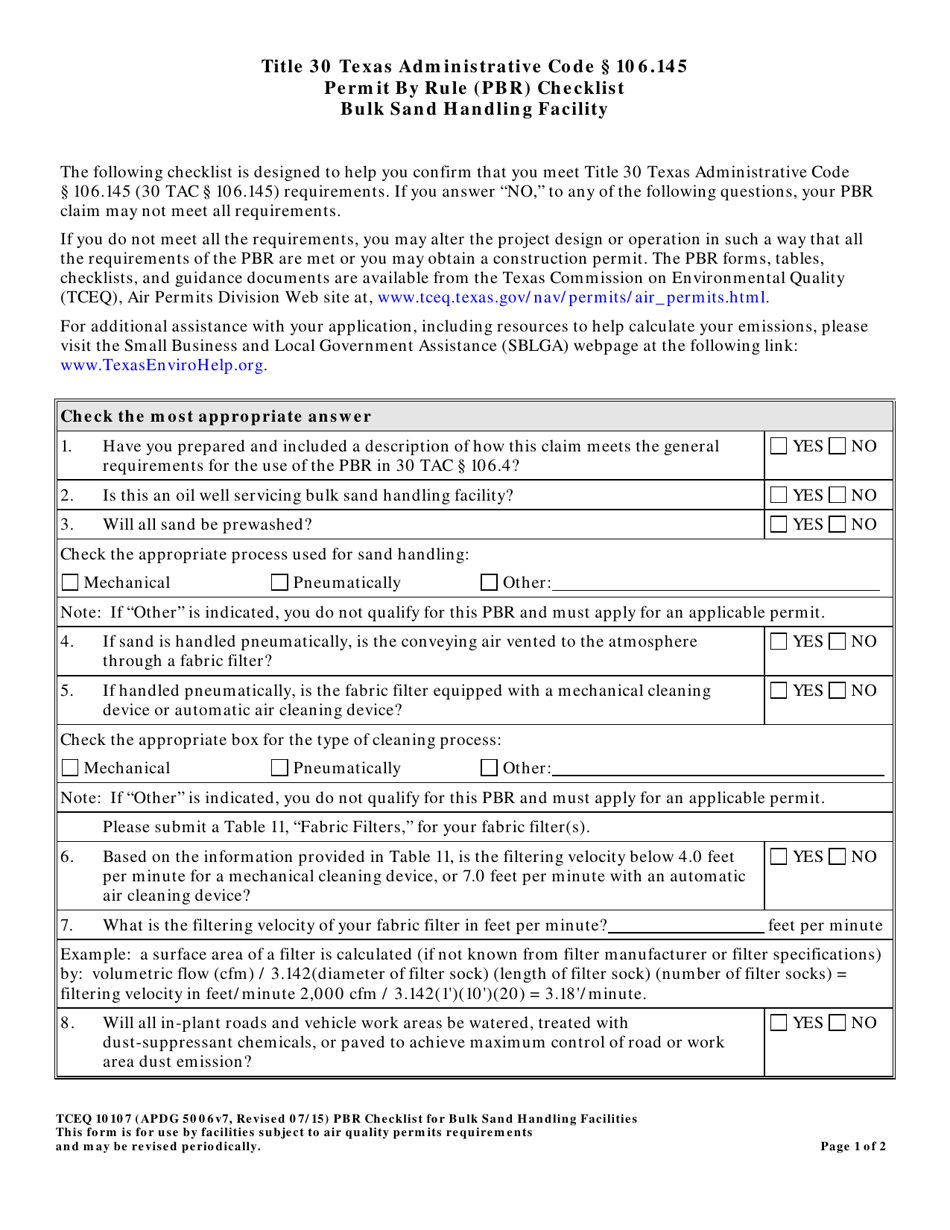 Form TCEQ-10107 Permit by Rule 106.145 Checklist for Bulk Sand Handling Facility - Texas, Page 1