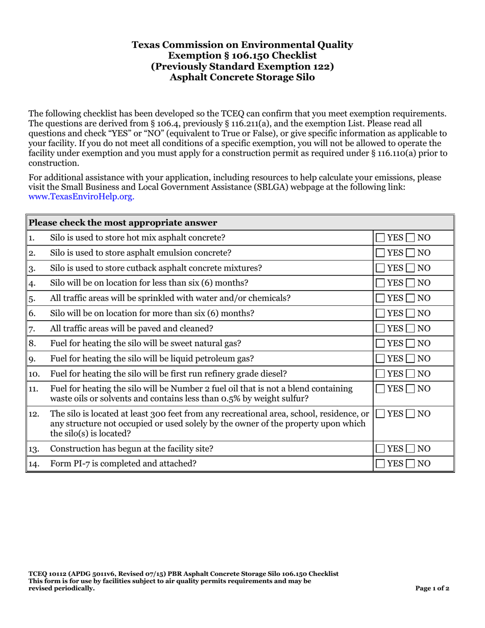 Form TCEQ-10112 Exemption 106.150 Checklist Asphalt Concrete Storage Silo - Texas, Page 1