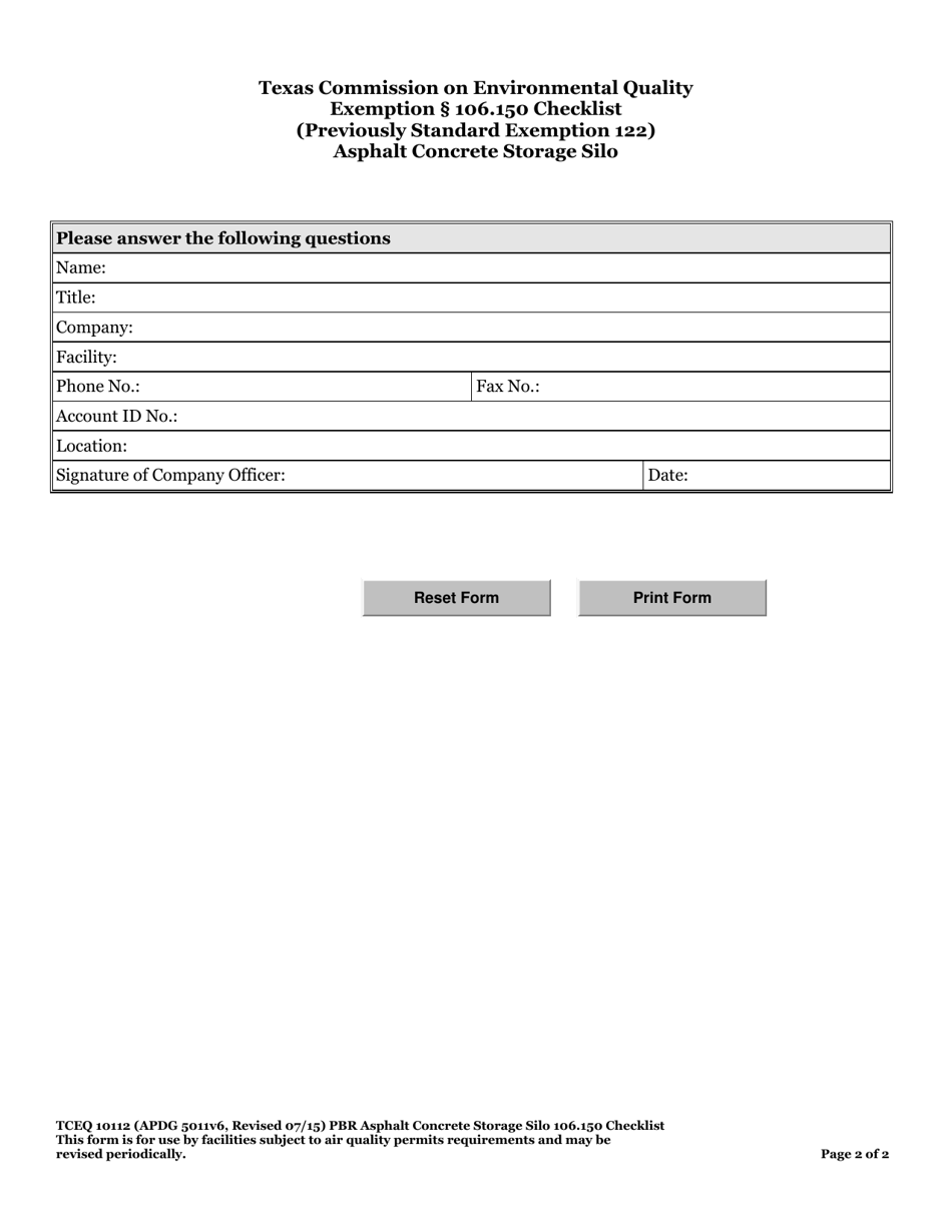 Form TCEQ-10112 Exemption 106.150 Checklist Asphalt Concrete Storage Silo - Texas, Page 2