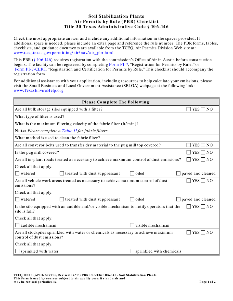 Form TCEQ-10108 Soil Stabilization Plants Air Permits by Rule 106.146 Checklist - Texas, Page 1