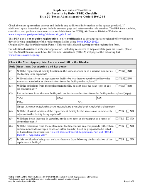 Form TCEQ-10123 Replacements of Facilities Air Permits by Rule 106.264 Checklist - Texas
