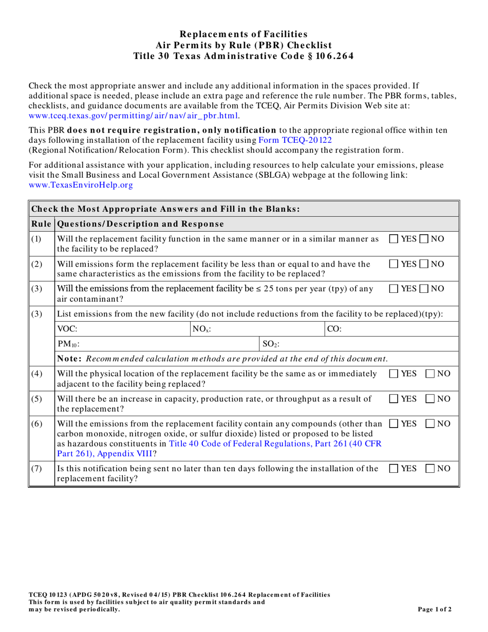 Form TCEQ-10123 Replacements of Facilities Air Permits by Rule 106.264 Checklist - Texas, Page 1