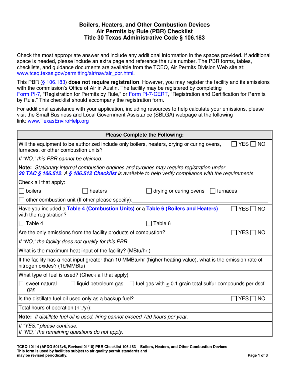 Form TCEQ-10114 Boilers, Heaters, and Other Combustion Devices Air Permits by Rule 106.183 Checklist - Texas, Page 1