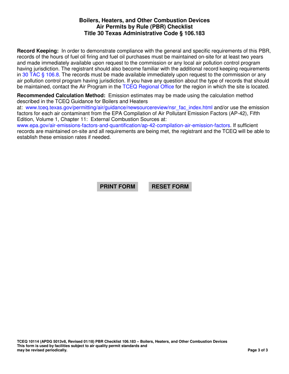 Form TCEQ-10114 Boilers, Heaters, and Other Combustion Devices Air Permits by Rule 106.183 Checklist - Texas, Page 3