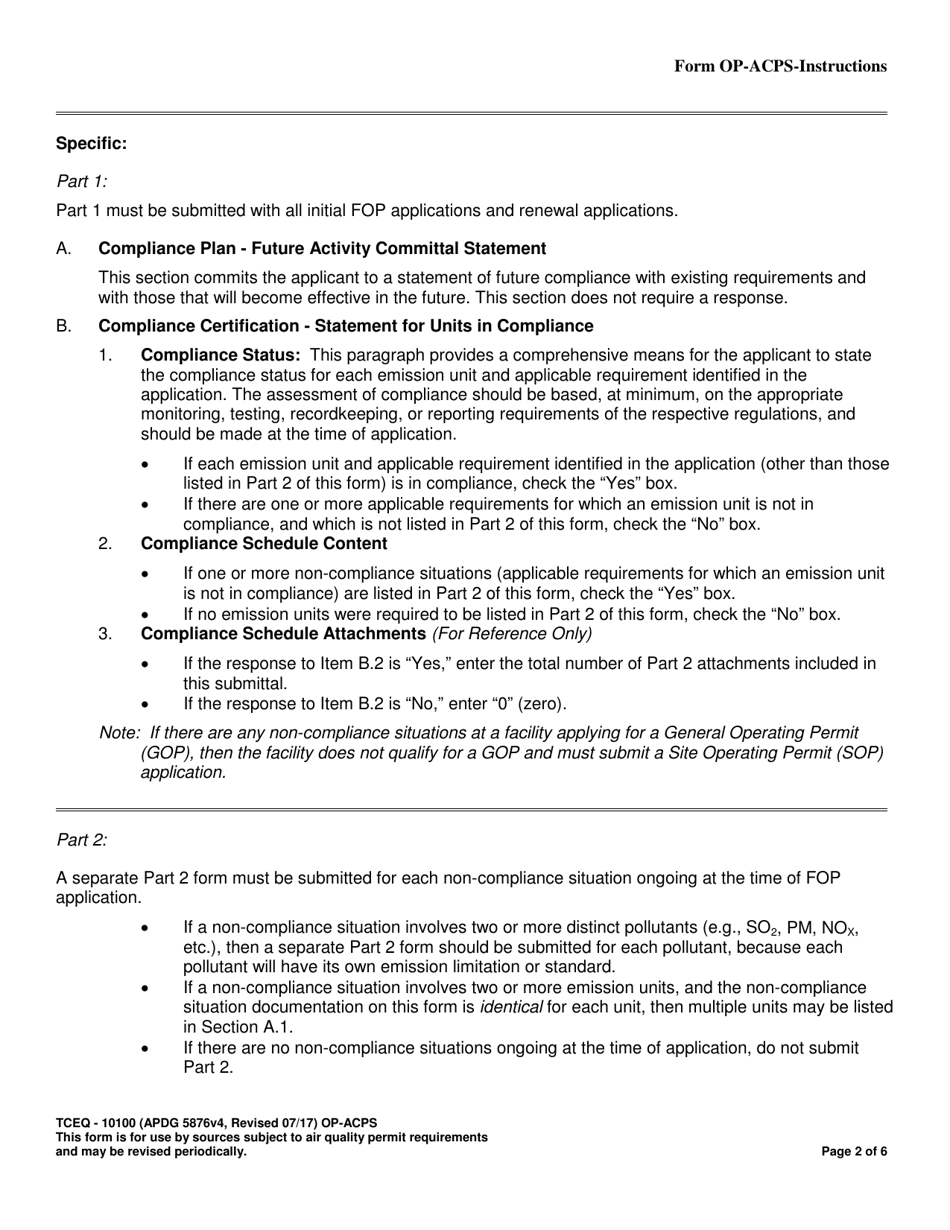 Form OP-ACPS (TCEQ-10100) Application Compliance Plan and Schedule - Texas, Page 2