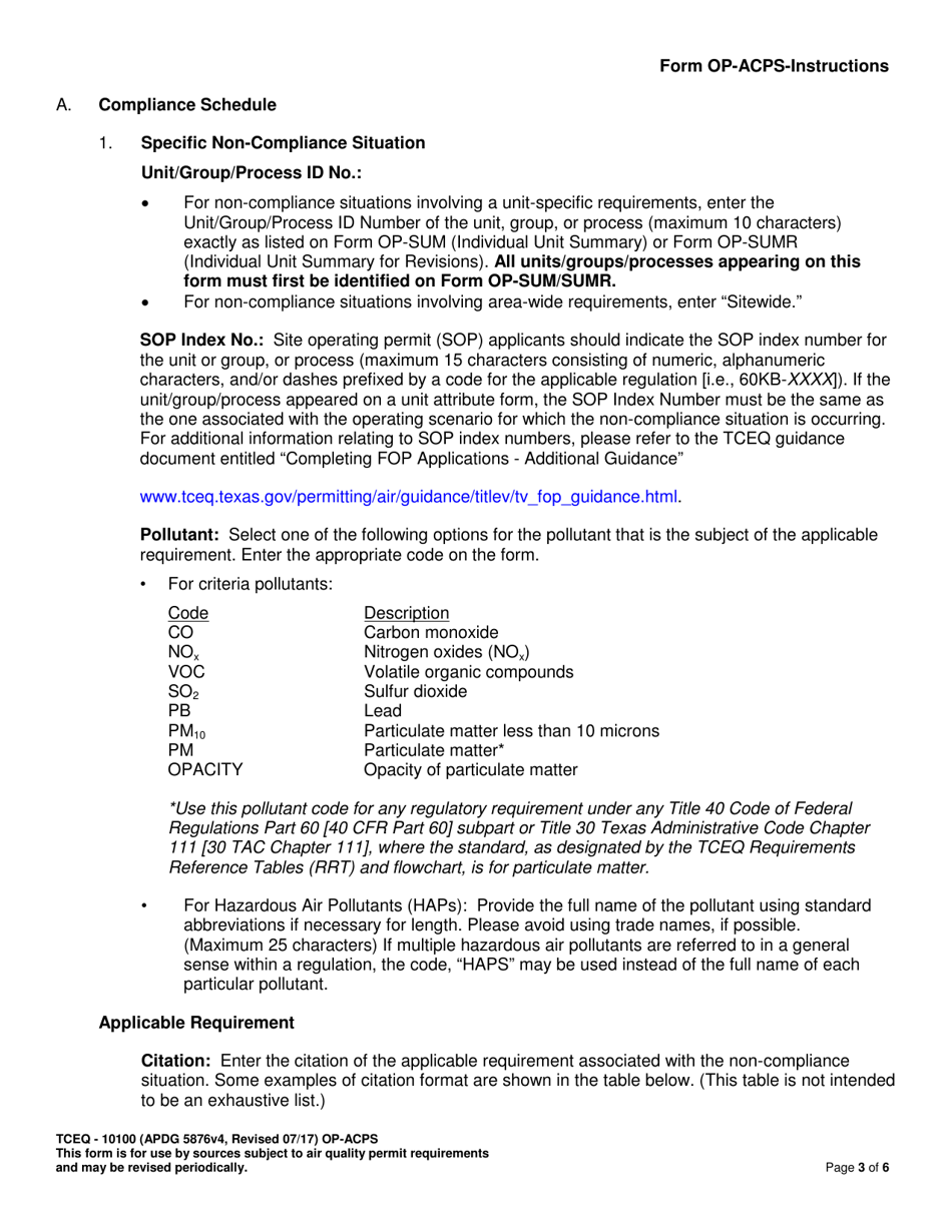 Form OP-ACPS (TCEQ-10100) Application Compliance Plan and Schedule - Texas, Page 3