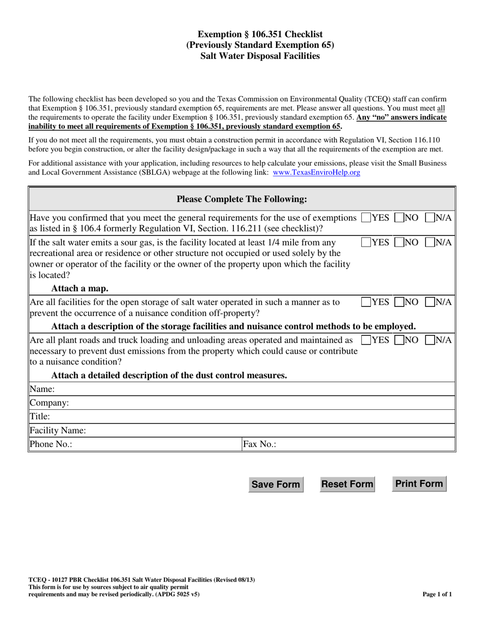 Form TCEQ-10127 Exemption 106.351 Checklist Salt Water Disposal Facilities - Texas, Page 1