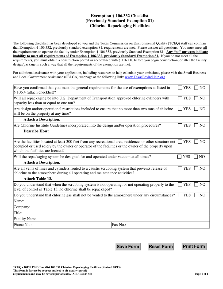 Form TCEQ-10126 Exemption 106.332 Checklist Chlorine Repackaging Facilities - Texas, Page 1