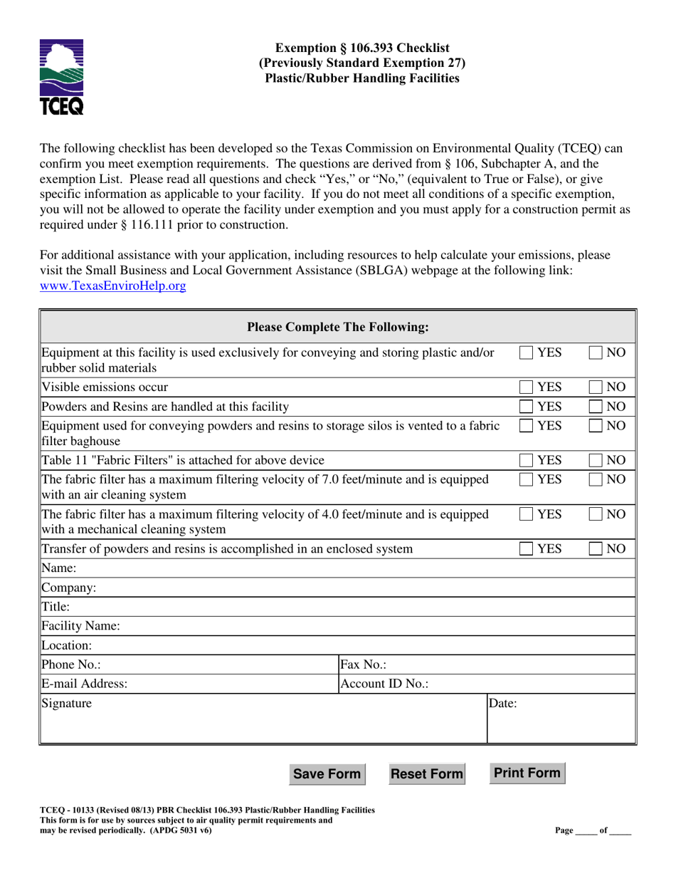 Form TCEQ-10133 Exemption 106.393 Checklist Plastic/Rubber Handling Facilities - Texas, Page 1
